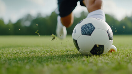 footballer foot striking soccer ball on grassy field, capturing action and excitement of game