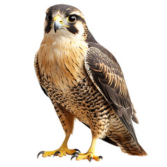 A fire-winged falcon with a fierce gaze, isolated on a white background.