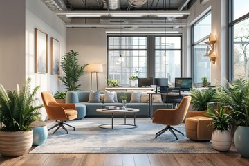 Serene Modern Office Setting with Chic Decor and Relaxing Ambiance