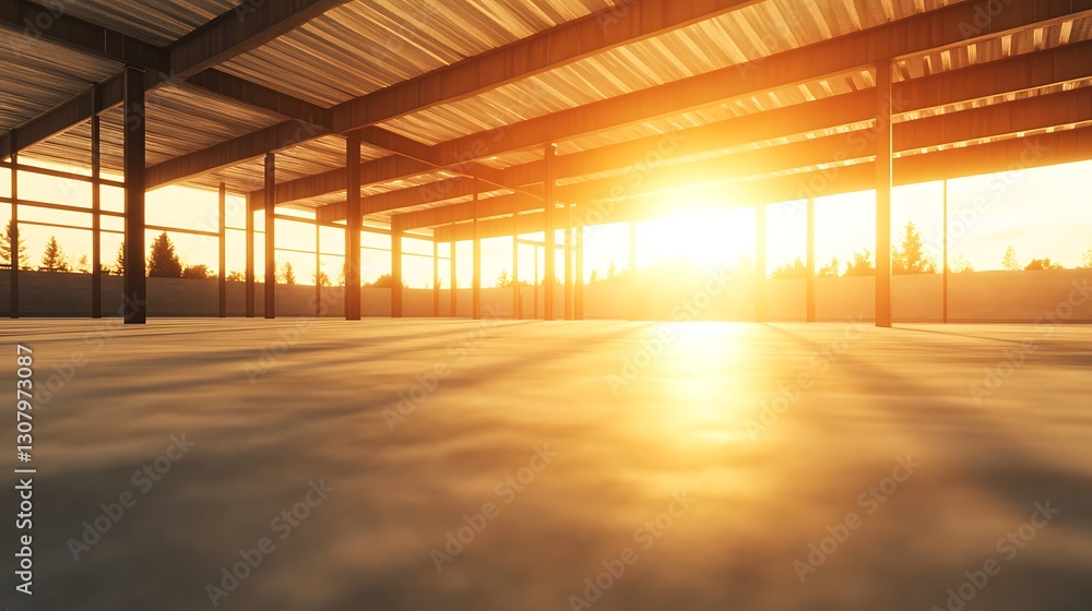 Aufkleber Sunset light streaming through an industrial building's framework, creating a warm ambiance on the floor.