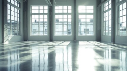 Fototapeta premium Sunlit industrial loft interior with polished concrete floor and large windows.