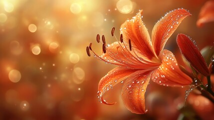 Dewy orange lily, autumnal bokeh background