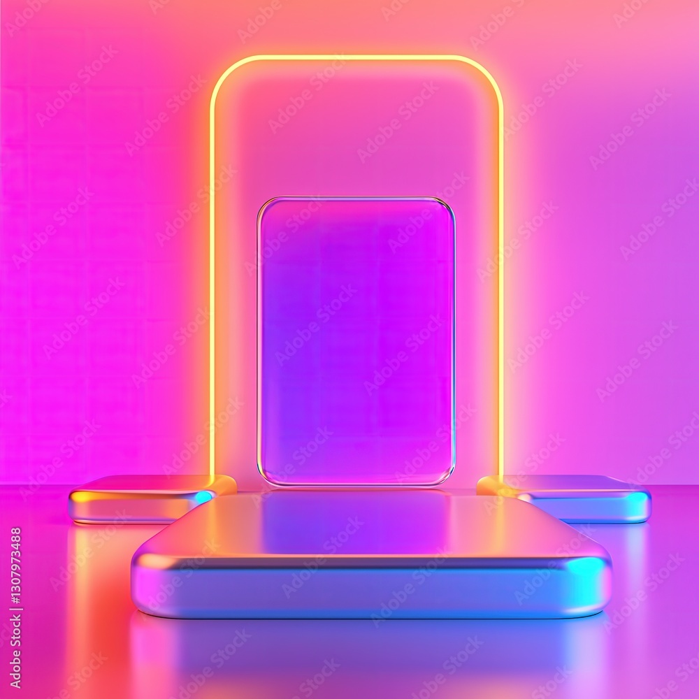 Poster an empty minimal display stand is highlighted by a captivating neon glow, showcasing its sleek desig