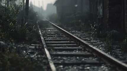 Fototapeta premium Overgrown railroad tracks disappearing into foggy distance.