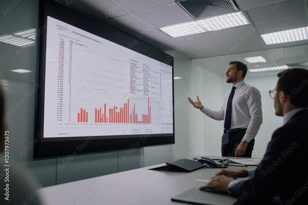 Poster a business leader presents financial data to his team during a meeting in a modern office leader sta