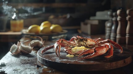 Steaming hot cooked crab on wooden board.