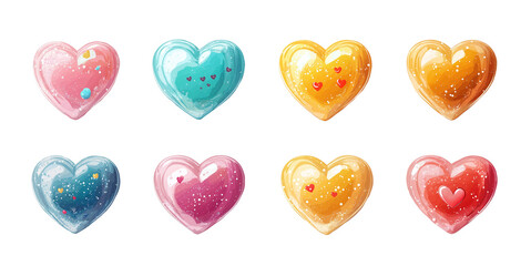Fototapeta premium PNG 3d heart design element set with shiny glass surface. Transparent background. Pastel colors yellow, green, pink, orange, purple, blue.