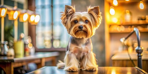 Adorable Silky-Furred Dog with Stylish Haircut in Warmly Lit Grooming Salon
