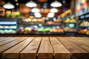 Clean Wooden Tabletop with Blurred Deli Background and Beautiful Bokeh Effects