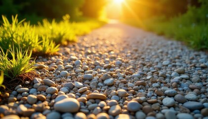 Sunlight on smooth, varied gravel path texture, red, close up, sharp