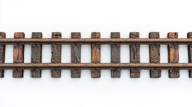 Close-up of a brown wooden toy train track on white background.