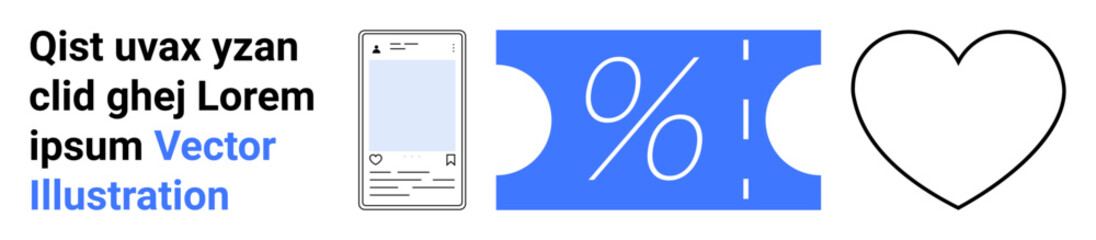 Smartphone mockup next to a discount coupon and a heart symbol. Ideal for user engagement, promotions, loyalty programs, digital campaigns, e-commerce, marketing, and app design. Abstract line flat