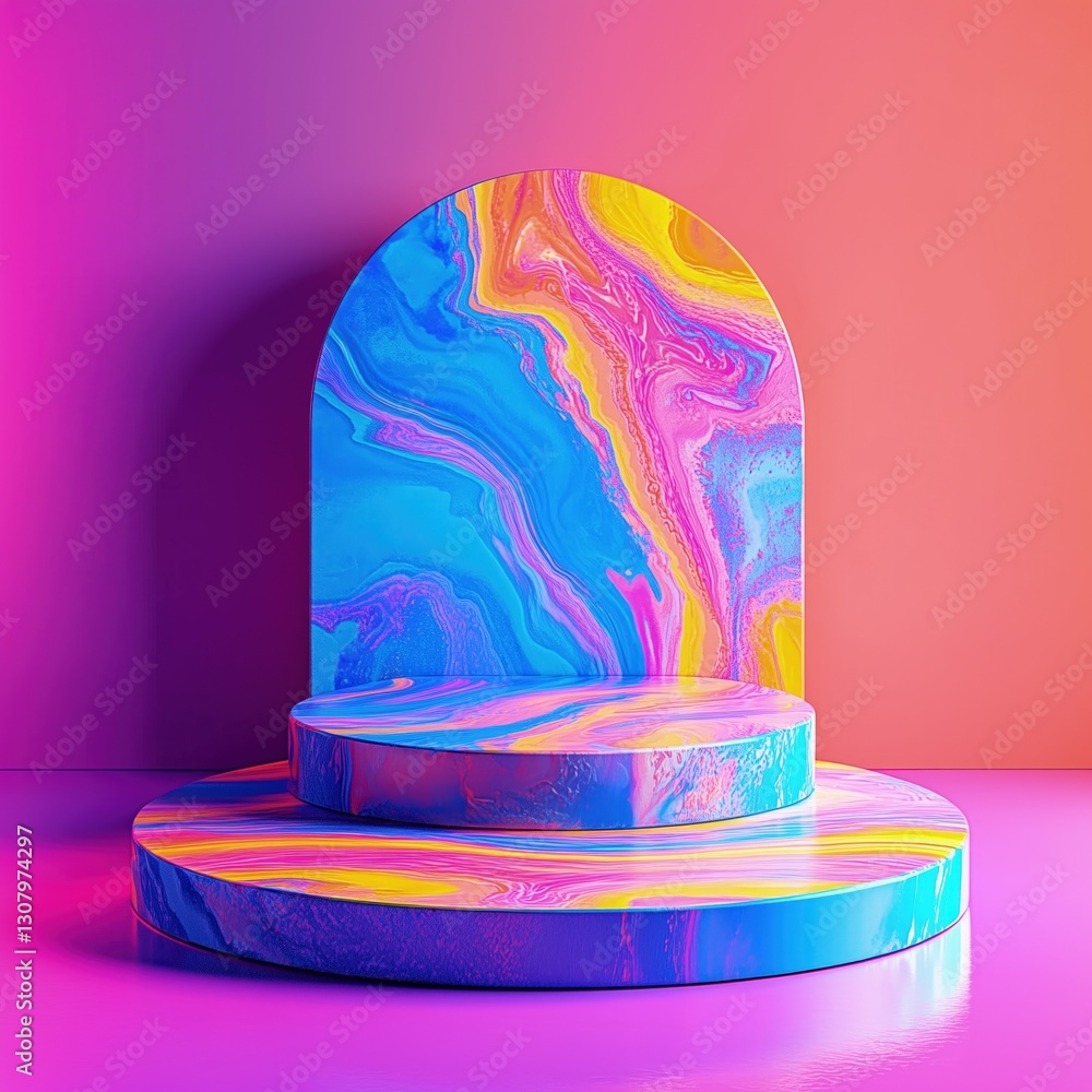 Poster the empty display stand features swirling psychedelic patterns in bright colors and is positioned ag