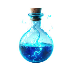 A glowing potion bottle bubbling with blue liquid, isolated on a white background.