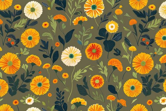 Vibrant Marigold Abstract Patterns Illuminated by Sunlight on Soft Olive Background