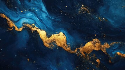 Obraz premium Ethereal currents, abstract interplay of deep blues and shimmering gold