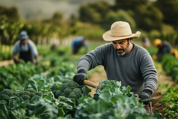 Experienced Farmer Cultivating Broccoli in a Lush Green Field - Organic Farming Passion