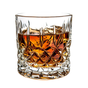A hand-crafted crystal whiskey glass, filled with a rare 50-year-old Scotch, isolated on a white background.