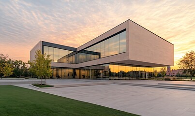 Obraz premium Modern architectural building with large windows, set against a vibrant sunset sky.