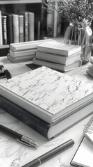 Marble Texture Notebook Mockup 3D Illustration on Desk with Books and Pens