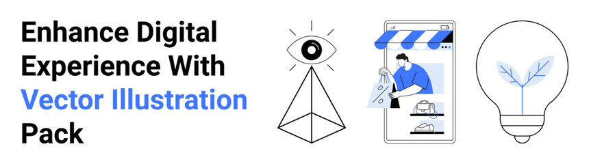 Abstract eye with pyramid, man editing a website on a smartphone, plant-inside bulb. Ideal for creativity, innovation, UX design, digital marketing, e-commerce, technology flat landing page banner