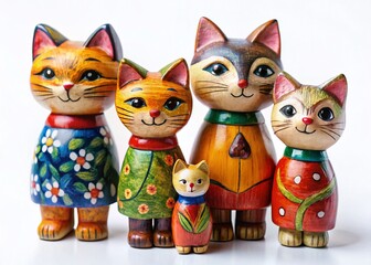 Adorable Wooden Cat Dolls:  Charming Handmade Figurines Isolated on White Background