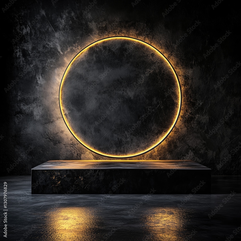 Poster a sophisticated podium stands empty in a dimly lit space, featuring a glowing circular backdrop that