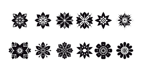 This black flower vector pack includes geometric motifs and abstract floral design silhouettes. Perfect for design projects, branding, and adornment. incorporates simple botanical motifs for imaginati
