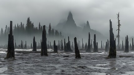 A mysterious foggy landscape containing dark tree stumps and mountains