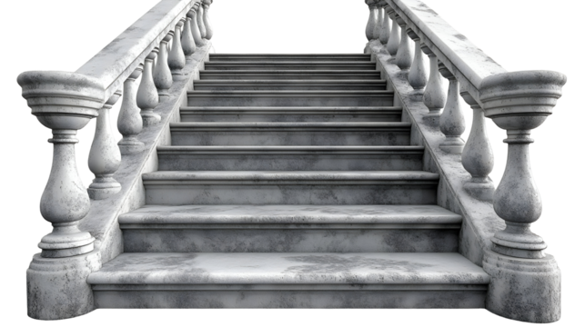 Stone Steps Ascend with Balustrade, Isolated on White Background