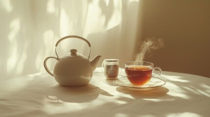 Fototapeta premium Warm tea in glass cup with teapot and sugar on table.