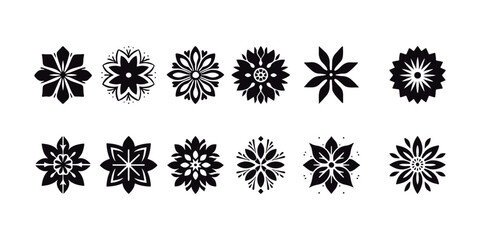 This black flower vector pack includes geometric motifs and abstract floral design silhouettes. Perfect for design projects, branding, and adornment. incorporates simple botanical motifs for imaginati