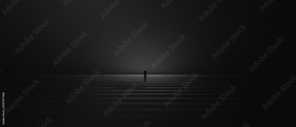 Poster a dark minimalistic scene with a single spotlight highlighting a distant object on a reflective surf