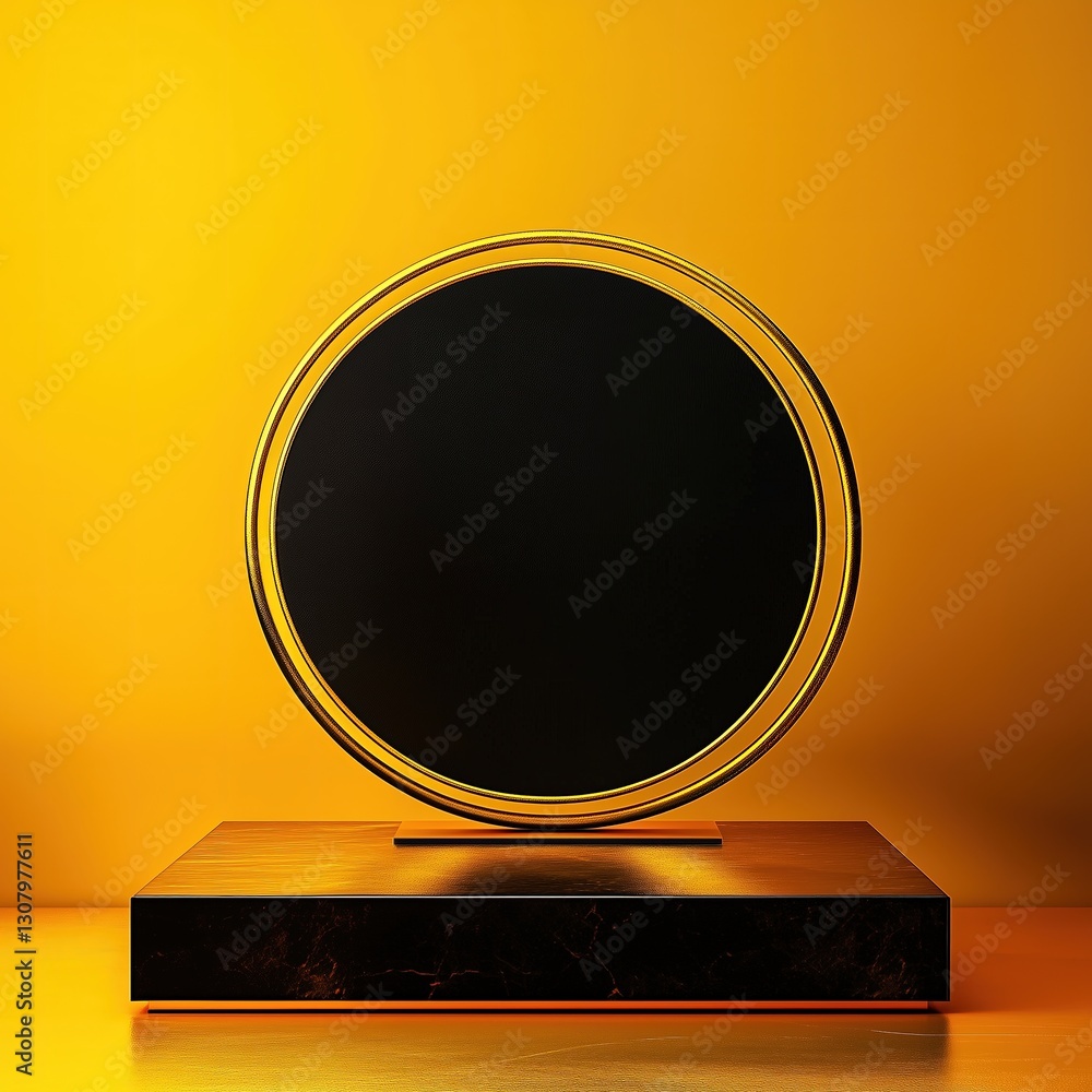 Poster an empty podium designed for product display features a sleek black stand with a golden base. the wa
