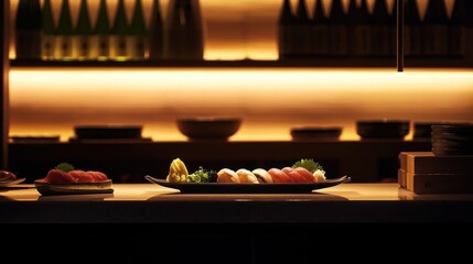 Delicious sushi assortment on a restaurant counter.