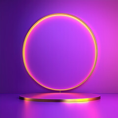 A golden podium with a circular purple backdrop stands ready for product showcasing. The vibrant colors enhance the display, creating an inviting atmosphere