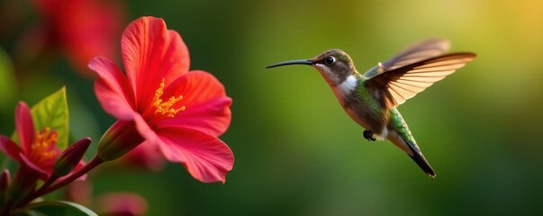 Fototapeta premium Tiny hummingbird hovers, long beak in vibrant red bloom , feather, spring, plant