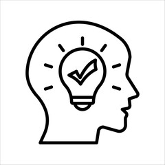 Head thinking with lightbulb Icon Symbol isolated white background. vector illustration. color editable.