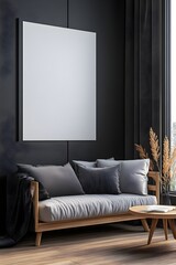 Blank white poster mockup in a modern living room