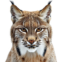 A lynx with tufted ears and sharp eyes, isolated on a white background.