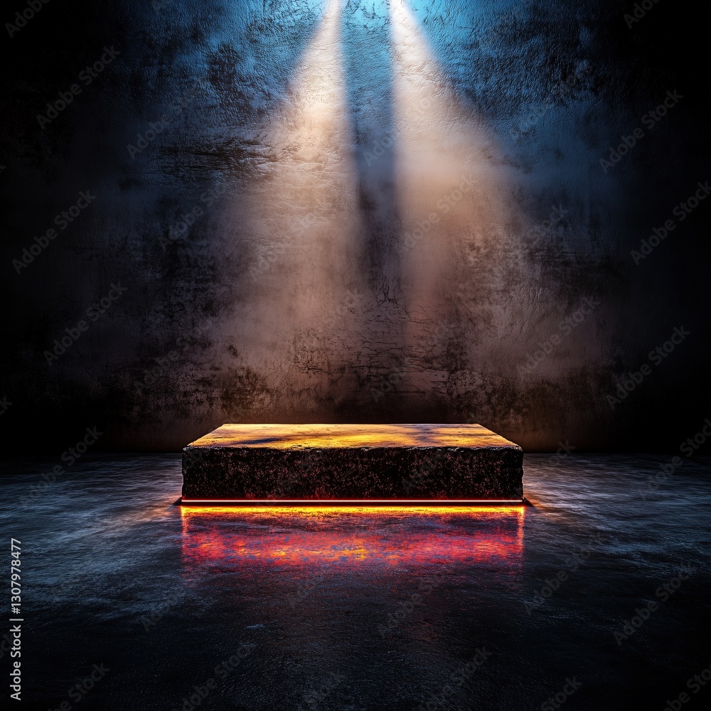 Poster the dark sport podium stands empty under the glow of two overhead lights, creating a striking contra