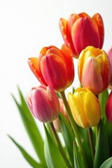 Naklejka premium Close-up of multicolored tulips against stark white, bloom, red