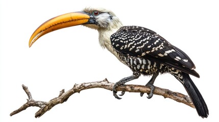 Fototapeta premium A yellow-billed hornbill perched on a branch, isolated on white background.
