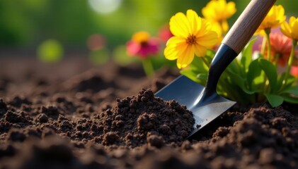 Close-up of trowel in soil, vibrant flowers nearby, nature, vegetables