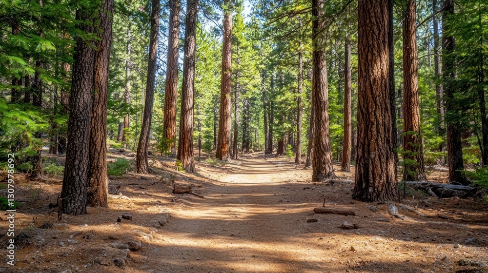 Poster sunlit path through a dense pine forest.