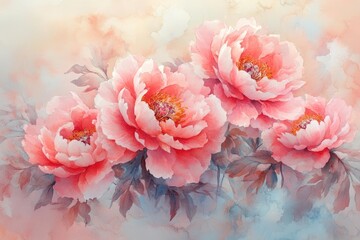 Delicate watercolor peonies in soft hues radiate elegance and romance, ideal for greeting cards, invitations, and decorations for special spring occasions