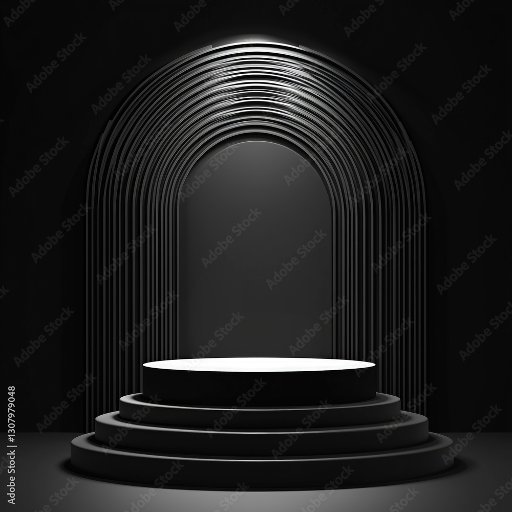 Poster podium stands in a dark setting, featuring a circular display platform with layered steps. the desig