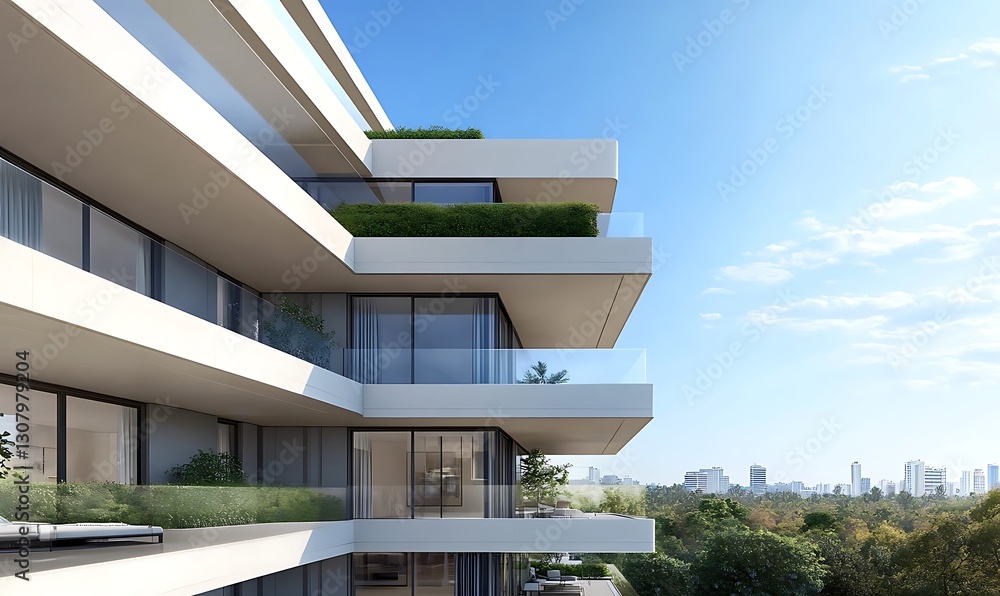 Poster modern apartment building with sleek architecture and vibrant greenery under a clear blue sky.