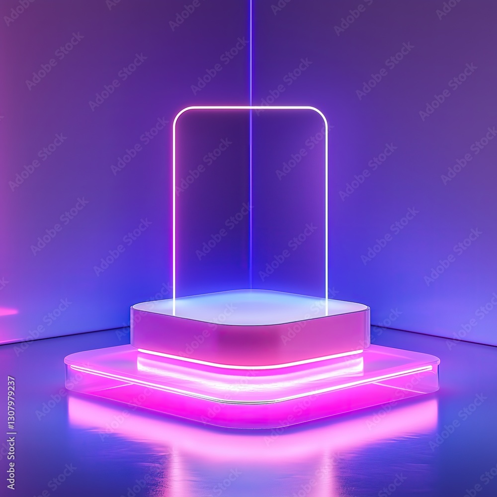 Poster an empty podium with a sleek design stands ready for a technology product display. the podium featur