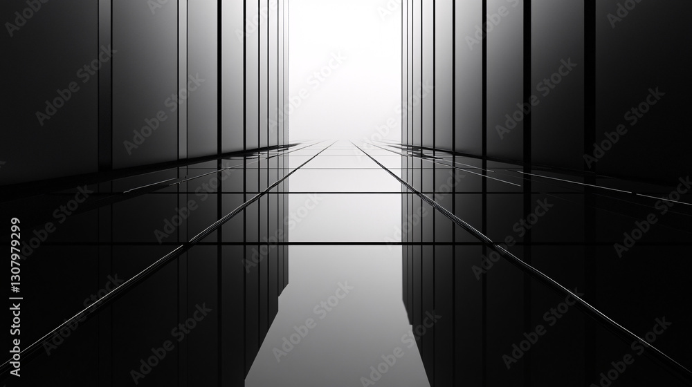 Poster a dark minimalist corridor with reflective floors and soft light creating a futuristic look